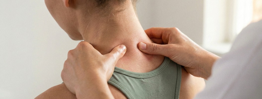 Ein Physiotherapeut, dessen Gesicht nicht zu sehen ist, übt während einer Massage in einer hell beleuchteten Praxis symmetrischen Druck mit dem Daumen auf den Nacken einer Patientin aus, an dem eine Rötung zu erkennen ist.